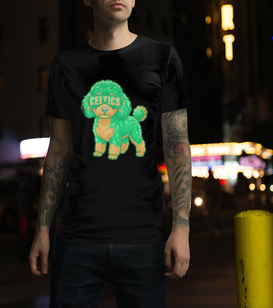 Boston Celtics Teacup Poodle Cartoon With Celtics Sunglasses T-Shirt