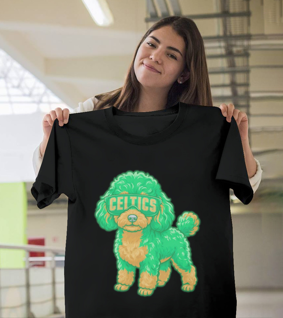 Boston Celtics Teacup Poodle Cartoon With Celtics Sunglasses T-Shirt
