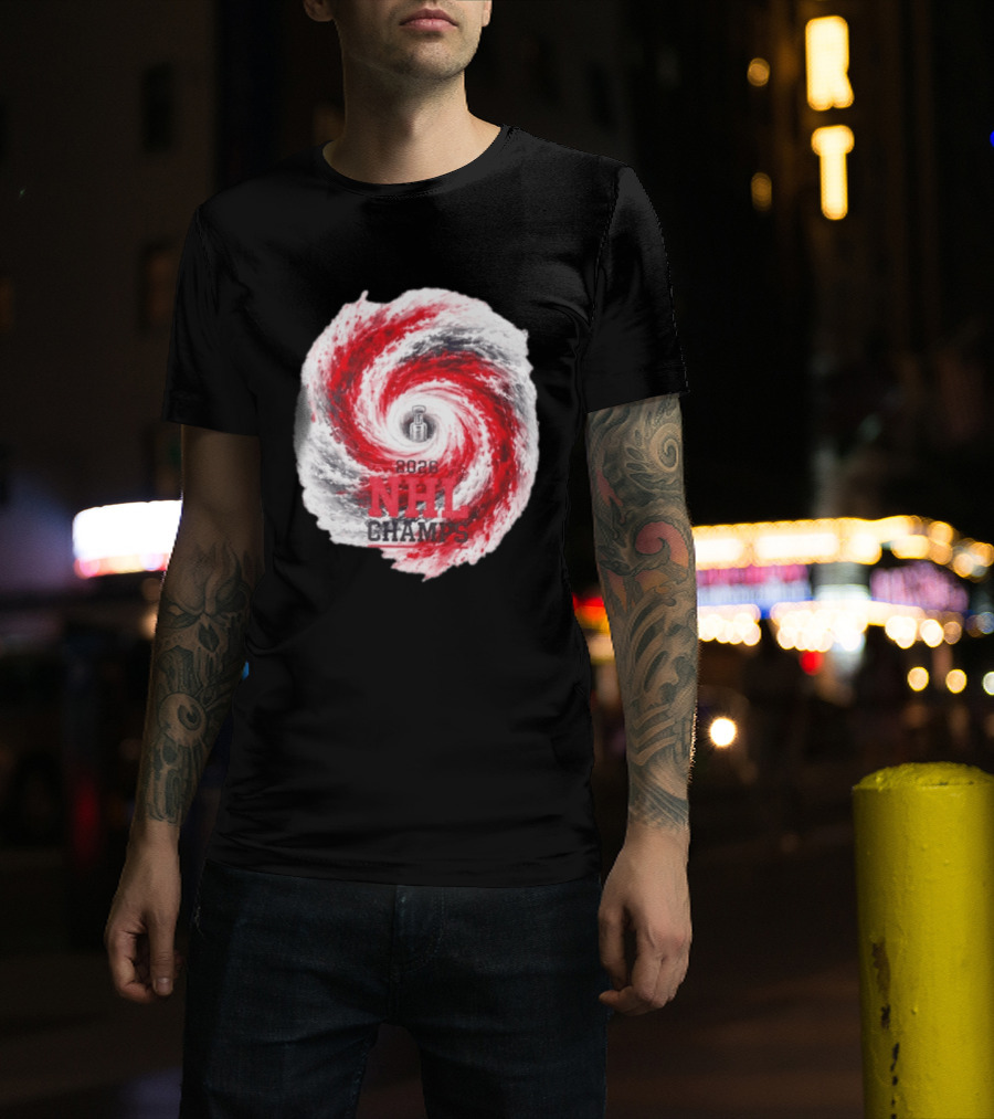Carolina Hurricanes 2026 NHL Champs Storm With Hockey Trophy And Red Gray Swirl T-Shirt