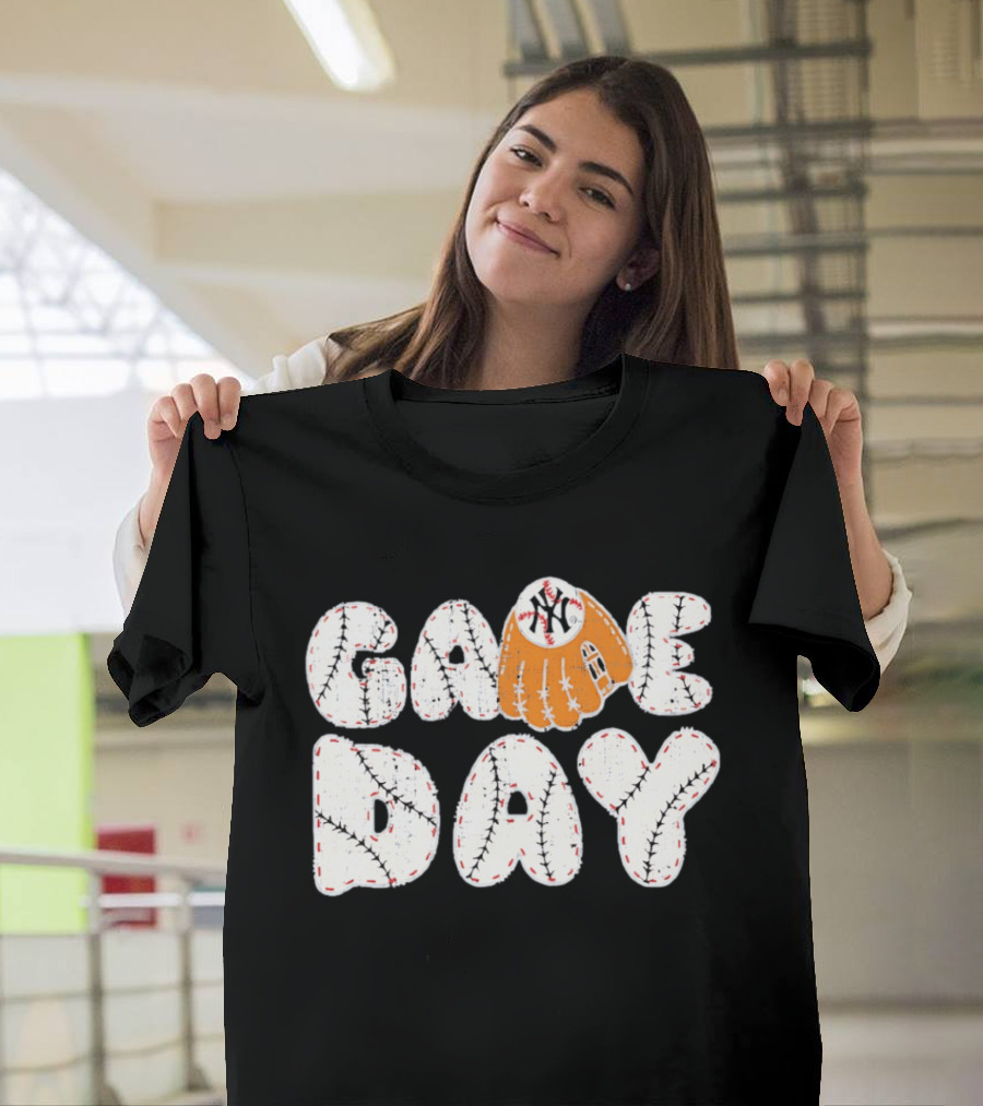 New York Yankees Game Day Baseball MLB NYY Glove And Ball Stitching T-Shirt