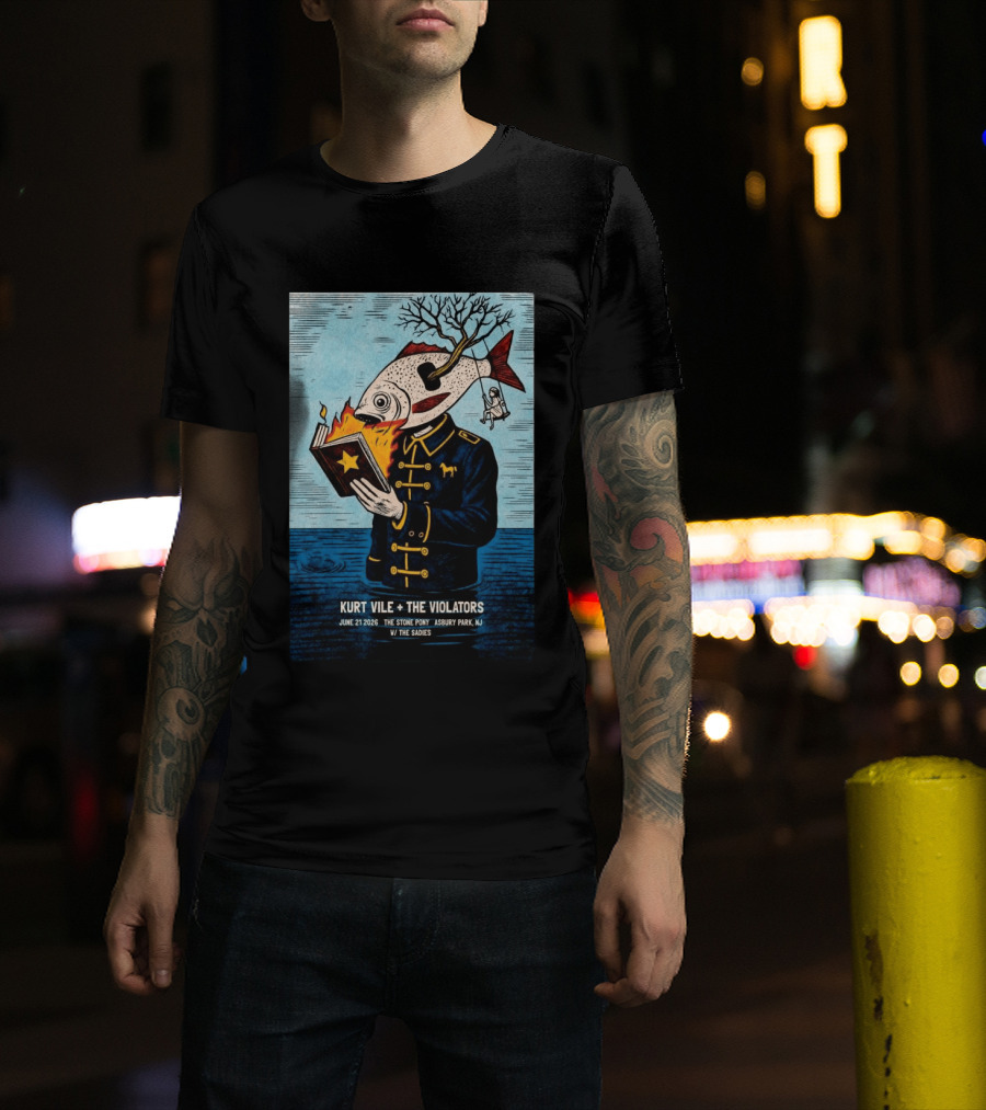 Kurt Vile + The Violators June 21 2026 Stone Pony Asbury Park NJ W/ The Sadies Surreal Fish Head Reading Book Burning Tree Swing T-Shirt