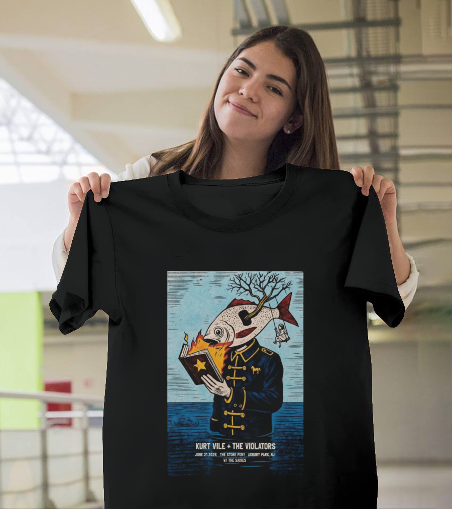Kurt Vile + The Violators June 21 2026 Stone Pony Asbury Park NJ W/ The Sadies Surreal Fish Head Reading Book Burning Tree Swing T-Shirt