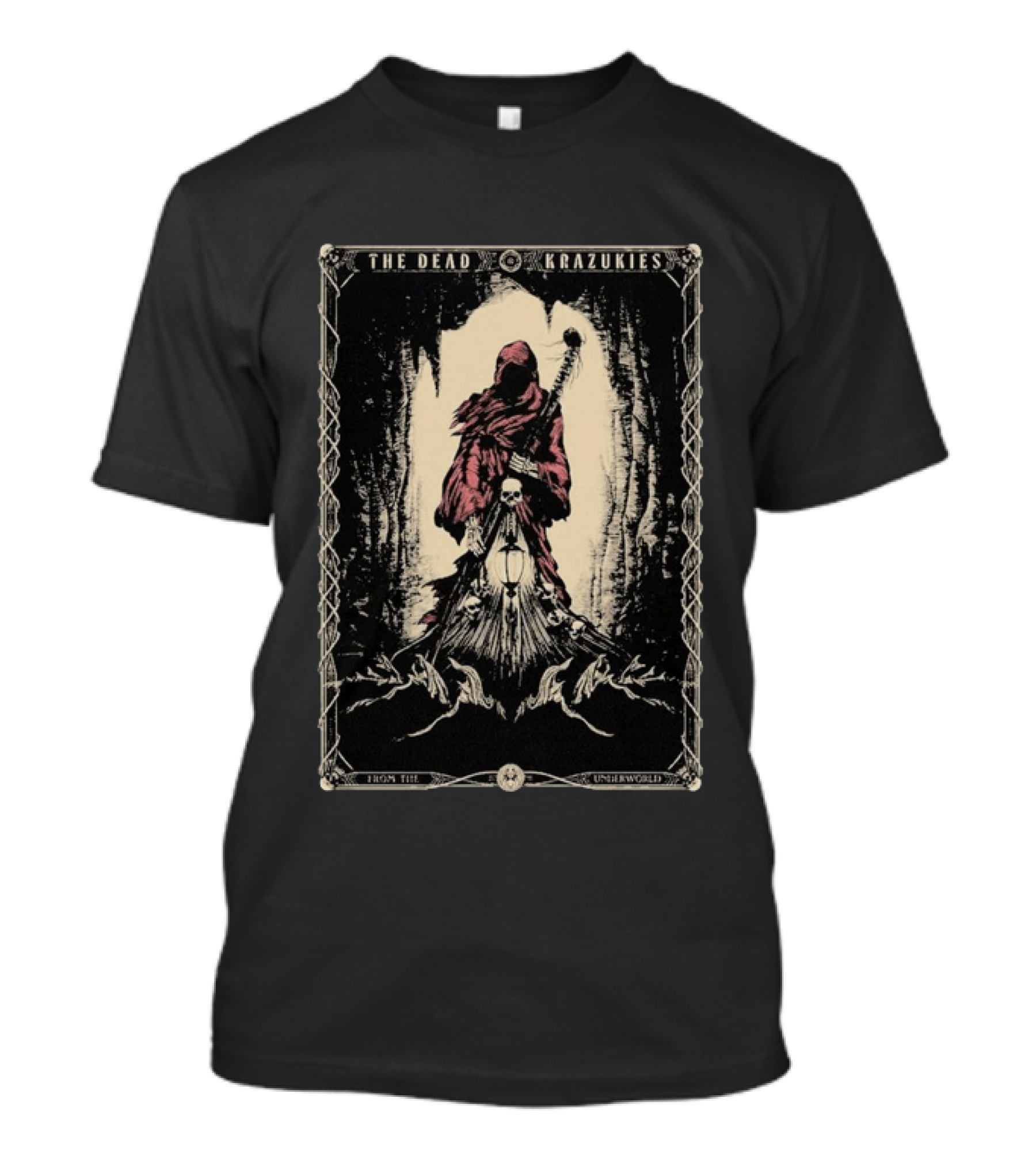 The Dead Krazukies From The Underworld Hooded Figure With Staff And Skulls T-Shirt