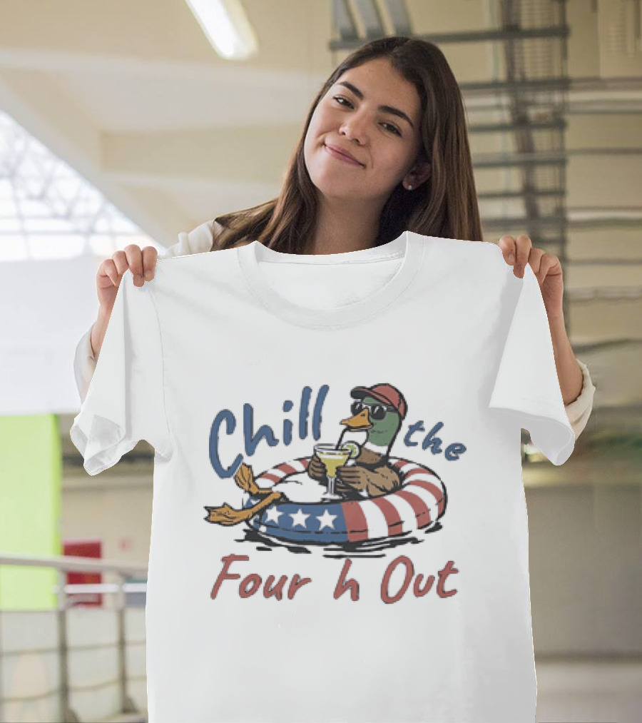 Chill The Fourth Out Mallard Duck Patriotic American Flag Pool Party T-Shirt