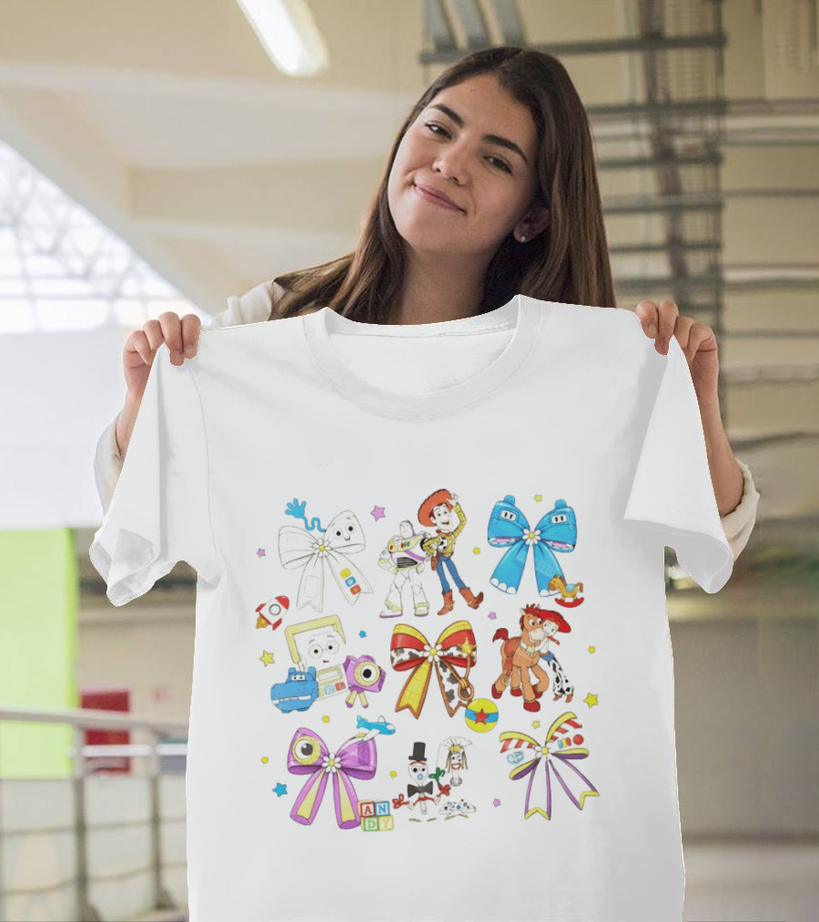 Woody Buzz Jessie Forky Andy Toy Story Characters With Colorful Bows T-Shirt