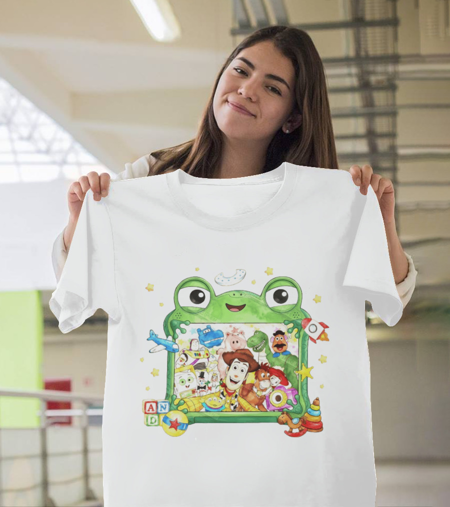 Woody And Buzz Lightyear Toy Story Characters Inside Frog Frame With Andy Blocks T-Shirt