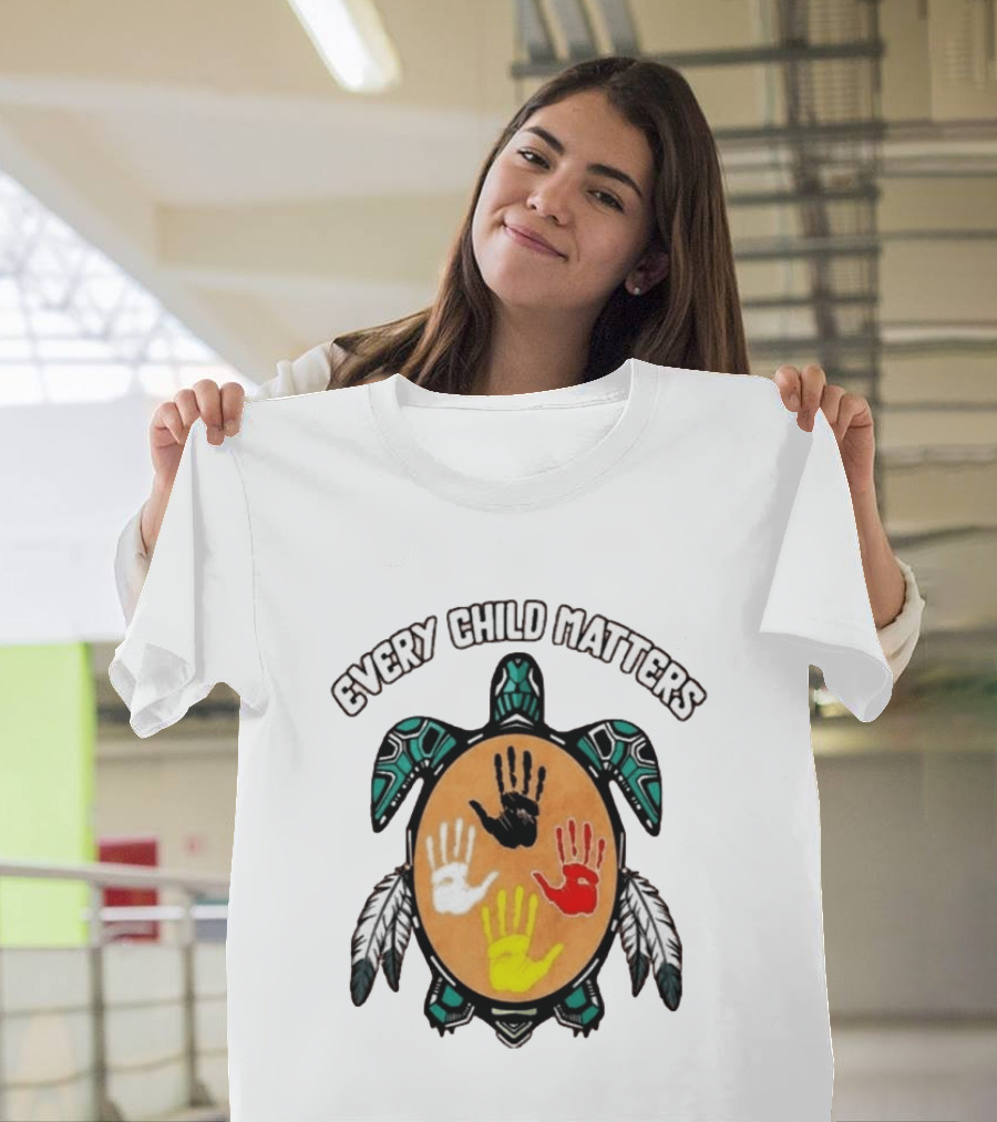 Every Child Matters Turtle Handprint Feather Symbol Empowerment T-Shirt