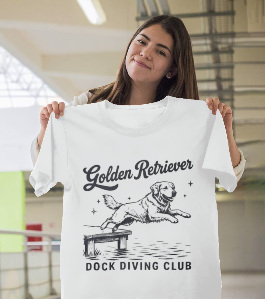 Golden Retriever Dock Diving Club Vintage Style Black And White Dog T-Shirt