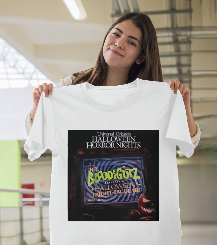 Universal Orlando Halloween Horror Nights HR Blood N Gutz Presents A Halloween Fright Tacular TV Experience T-Shirt