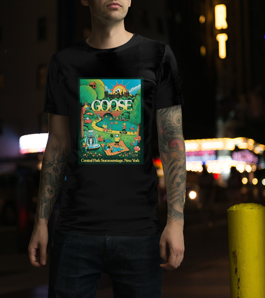 Goose Central Park Summerstage New York 2026 June 21 Lewy Jones Vibrant Park Scene With Sun And Fountain T-Shirt