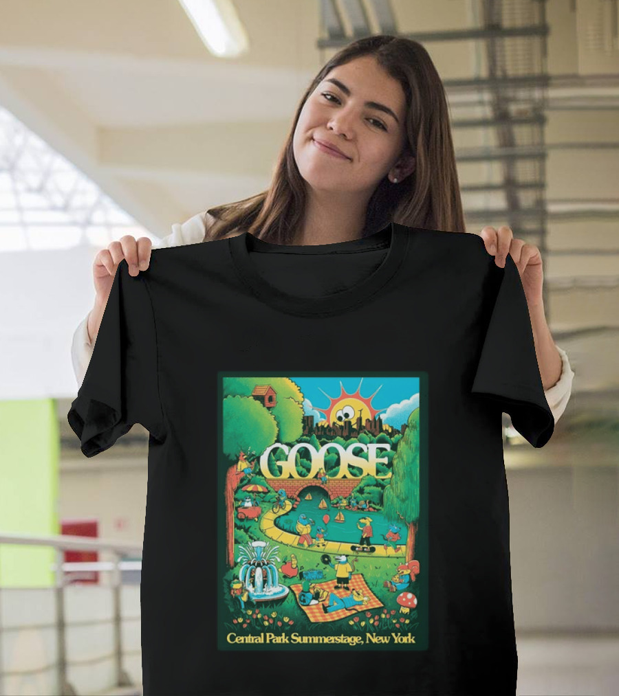 Goose Central Park Summerstage New York 2026 June 21 Lewy Jones Vibrant Park Scene With Sun And Fountain T-Shirt