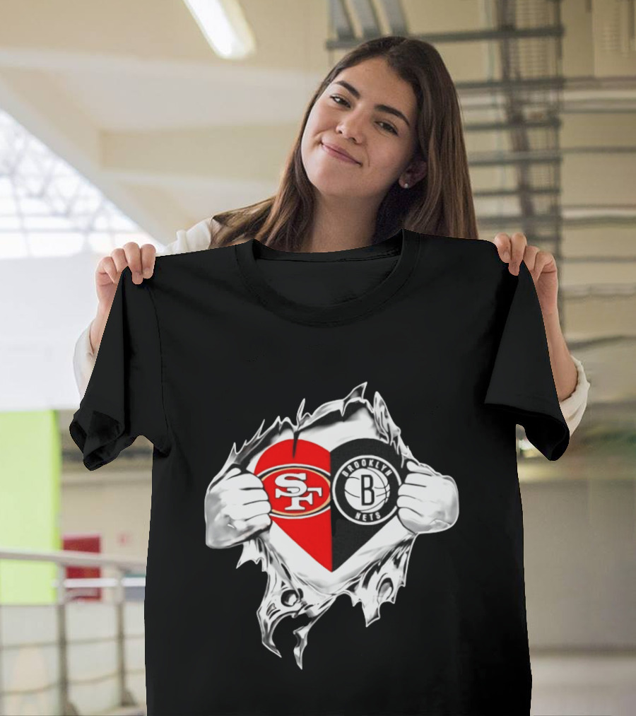 San Francisco 49ers Brooklyn Nets Heart Design Scratch Image T-Shirt