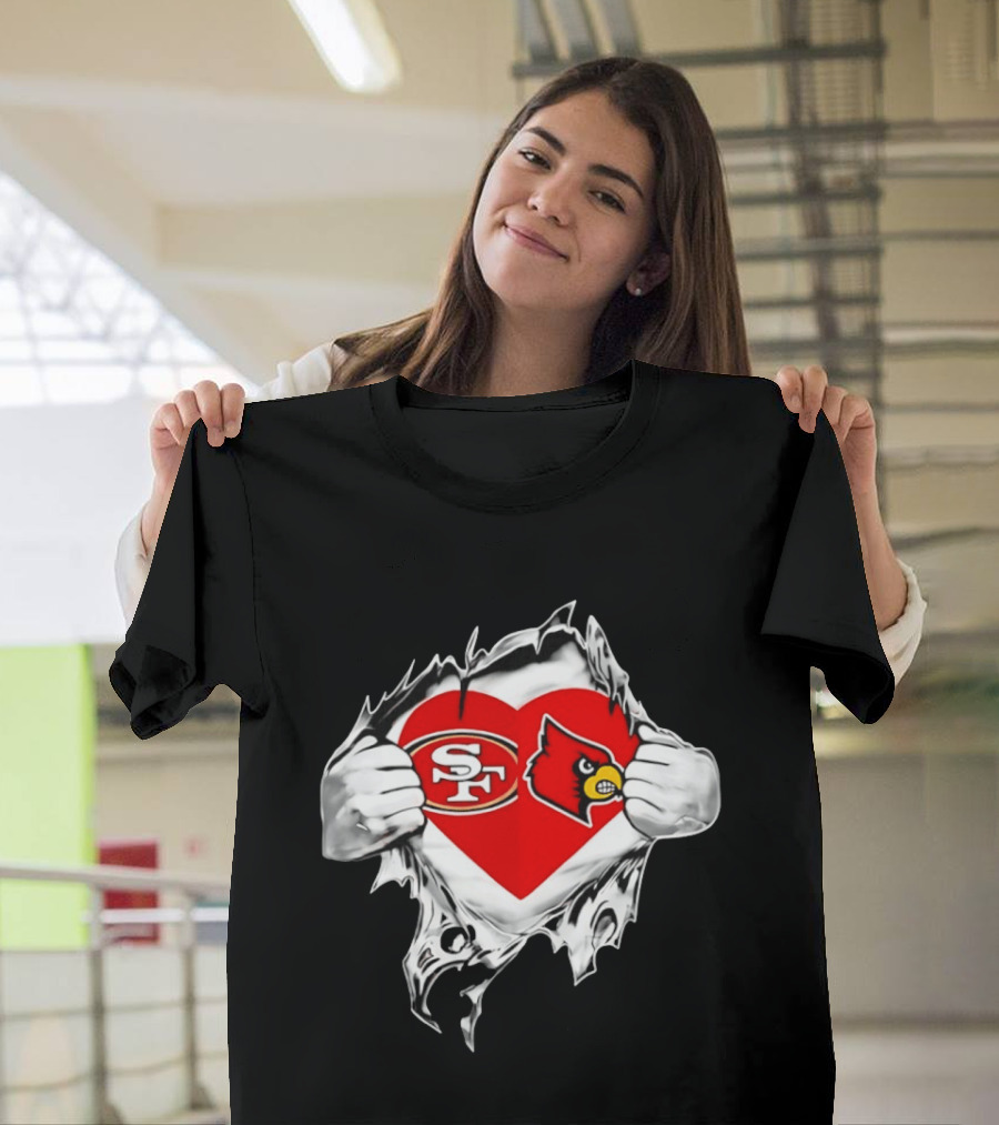 Louisville Cardinals San Francisco 49ers Heart Torn Edge Team Pride T-Shirt