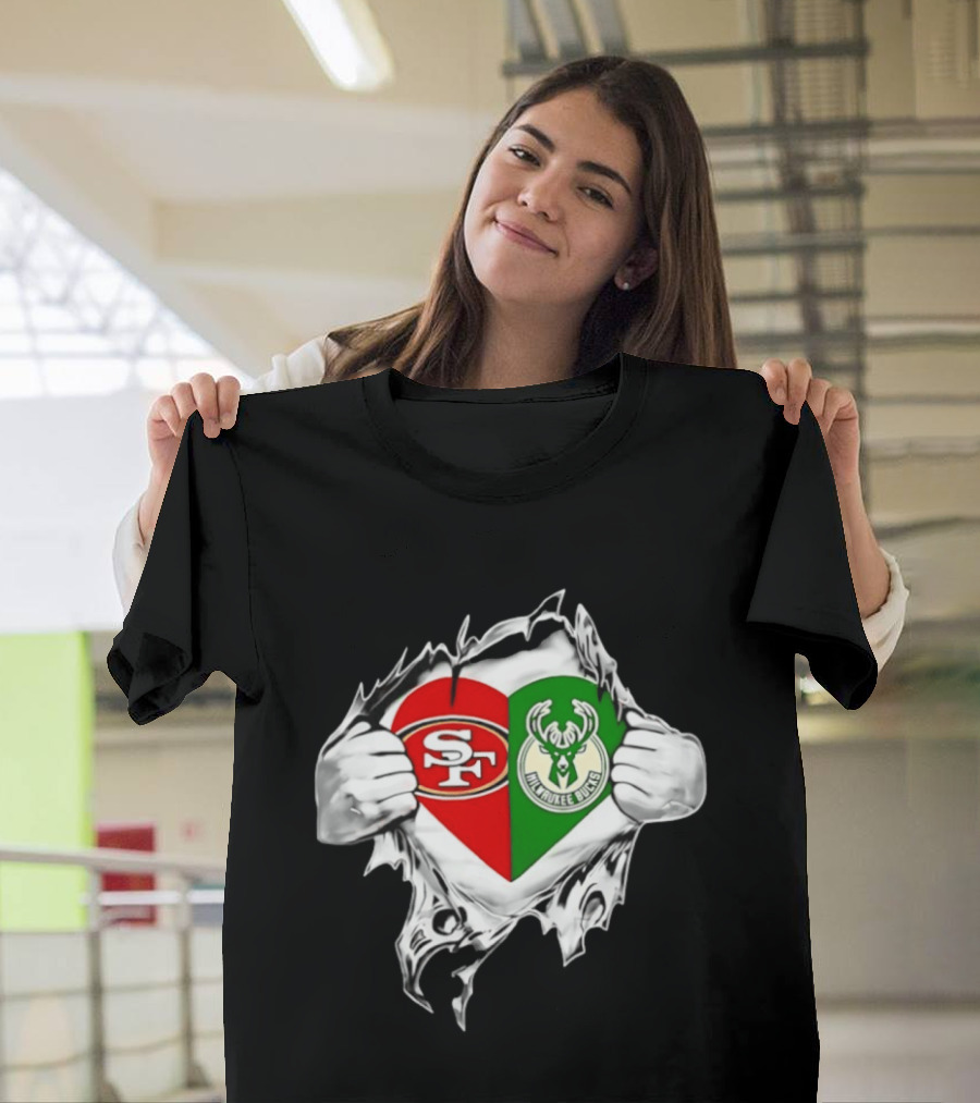 Milwaukee Bucks San Francisco 49ers Heart Scratch T-Shirt