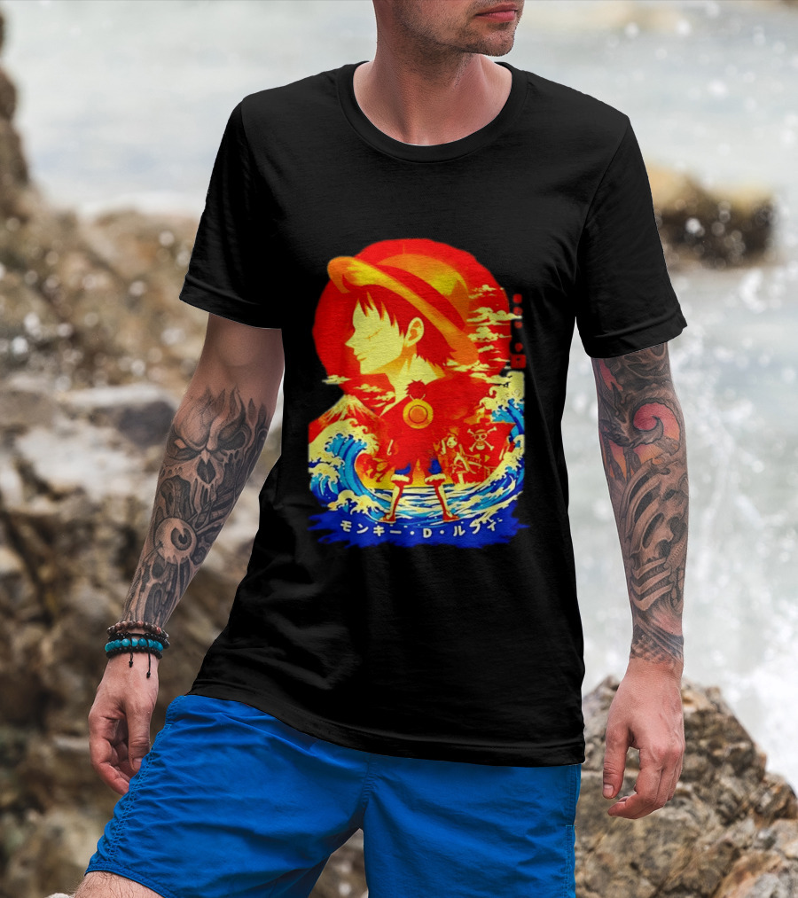 Monkey D. Luffy Straw Hat Waves Japanese Text One Piece Anime T-Shirt