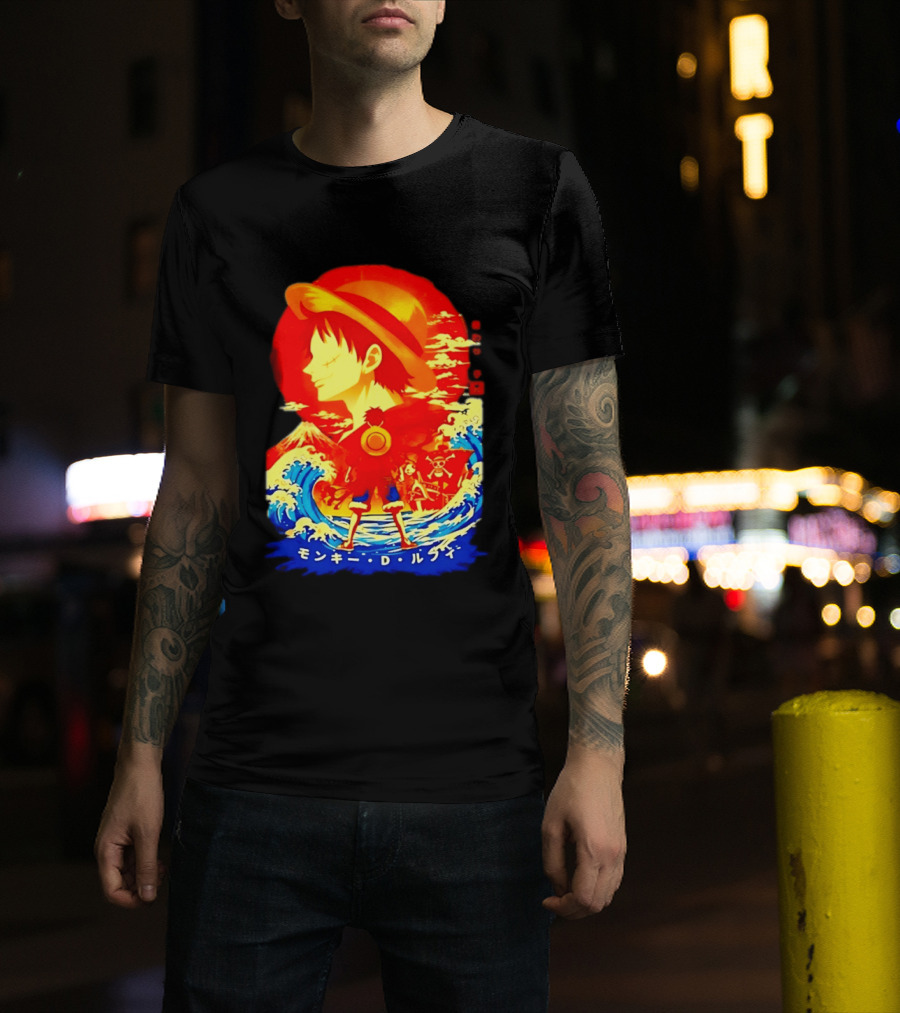 Monkey D. Luffy Straw Hat Waves Japanese Text One Piece Anime T-Shirt