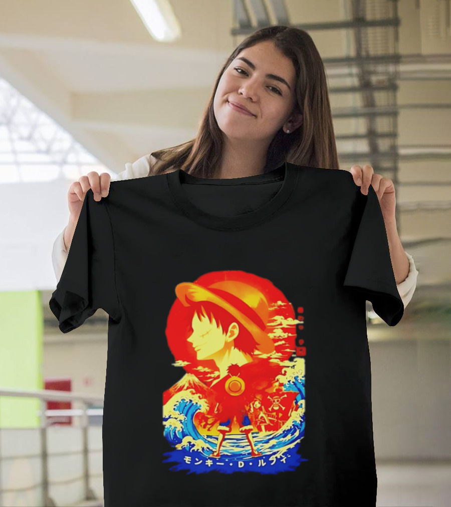 Monkey D. Luffy Straw Hat Waves Japanese Text One Piece Anime T-Shirt