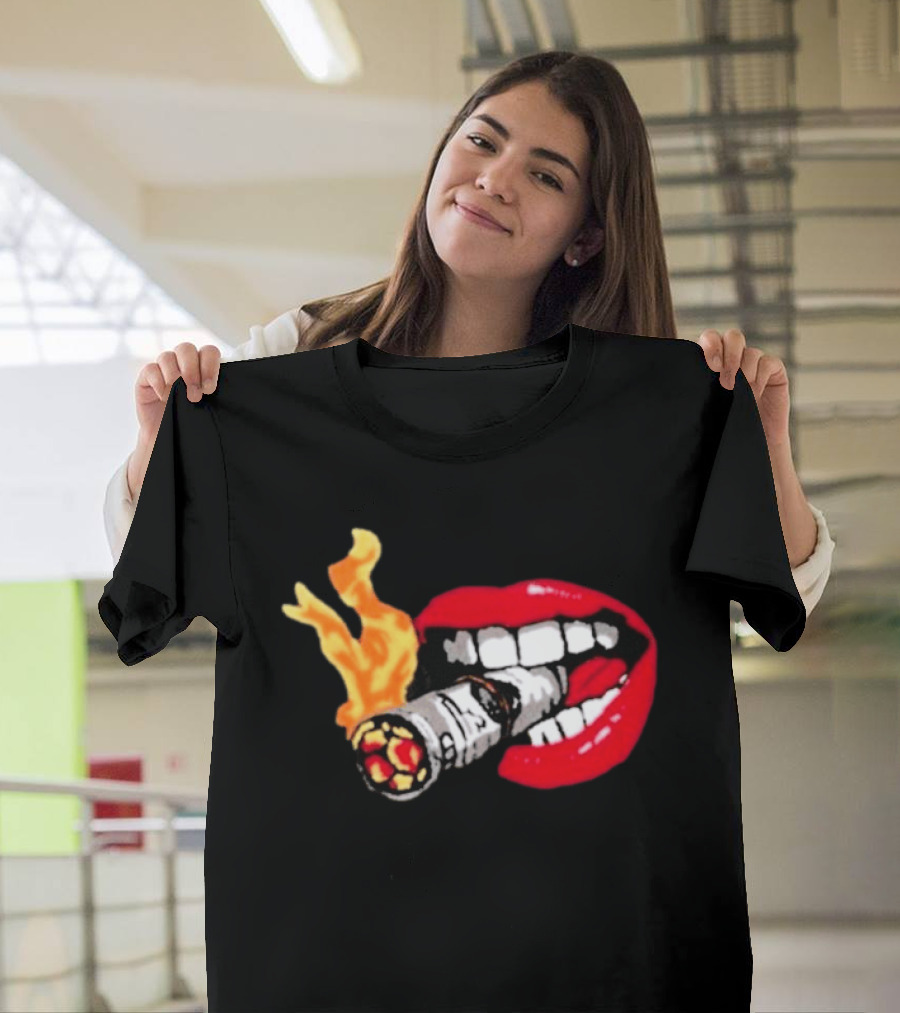 Flaming Smoking Money Lips Chenille T-Shirt