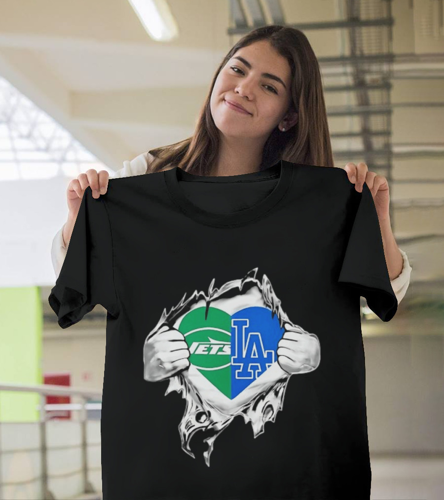 New York Jets Los Angeles Dodgers Heart Scratch T-Shirt