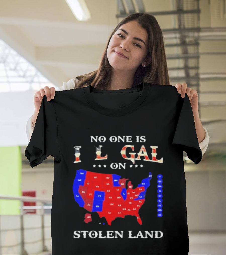 No One Is Illegal On Stolen Land USA Map Red And Blue States T-Shirt