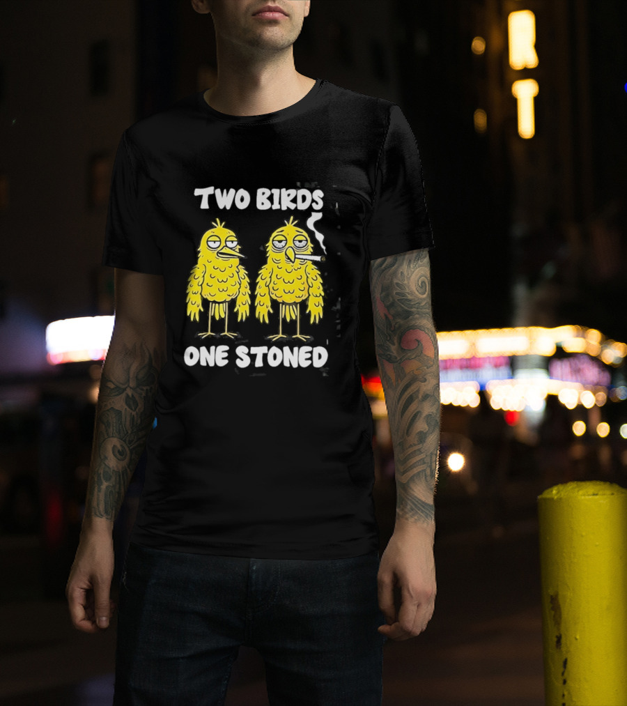Two Birds One Stoned Smoking Cartoon Humor T-Shirt