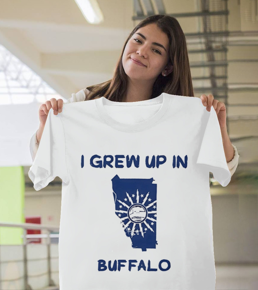 I Grew Up In Buffalo Map With Buffalo Silhouette And Sunburst T-Shirt