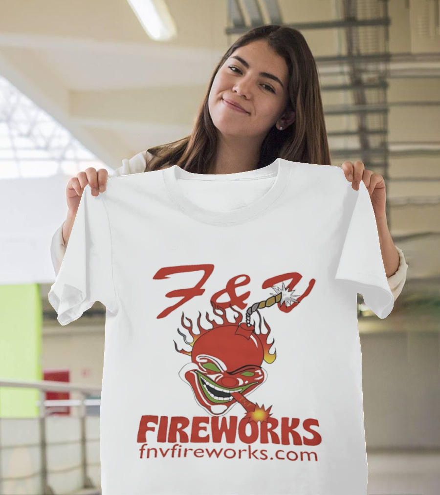 F & V Fireworks Clown Logo With Lit Firecracker And Fnvfireworks.com T-Shirt