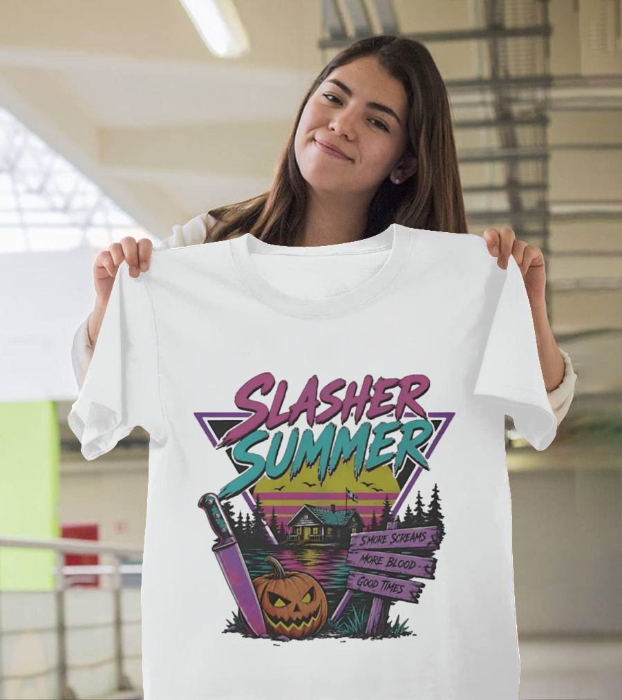 Slasher Summer S'more Screams More Blood Good Times Cabin Pumpkin Knife T-Shirt