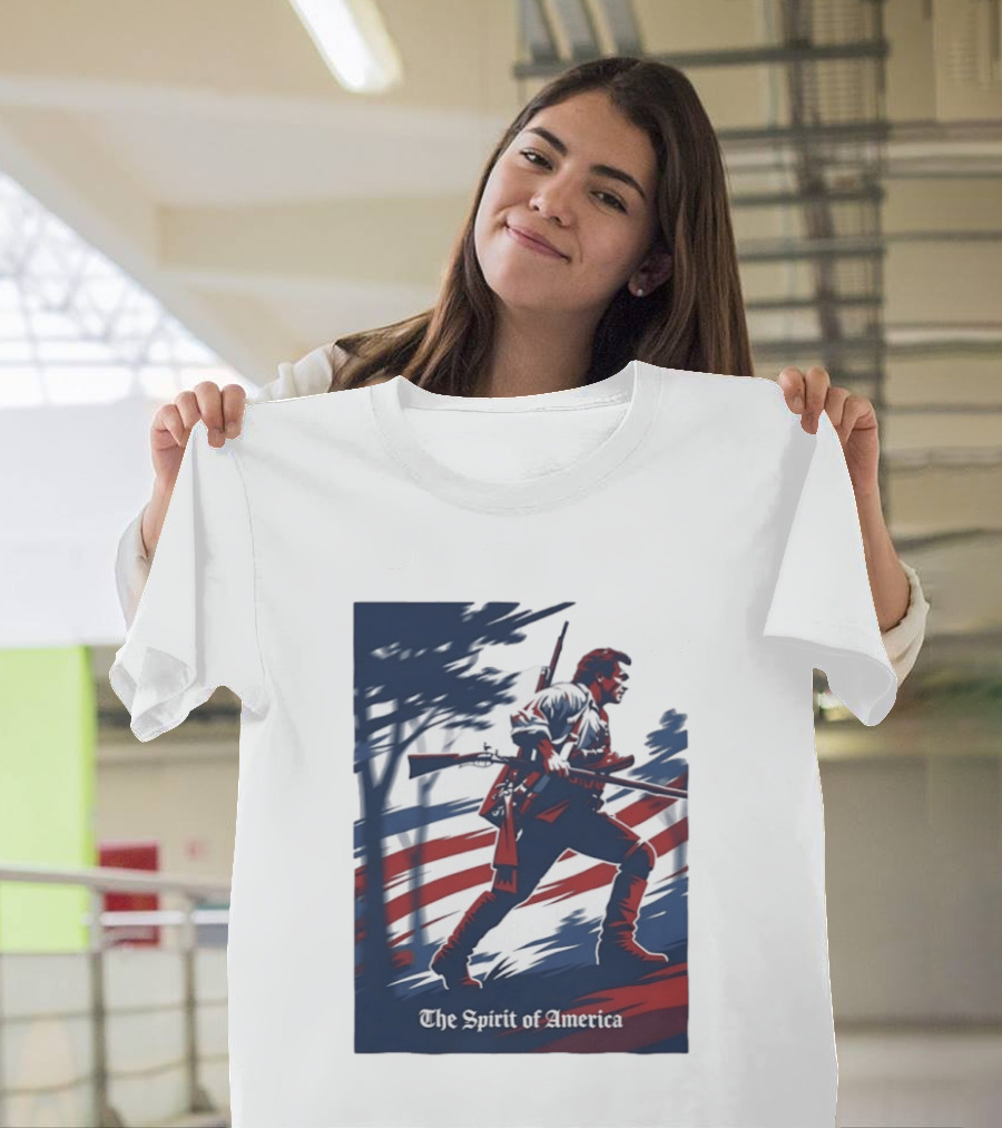 The Spirit Of America Revolutionary War Soldier With Musket And American Flag T-Shirt