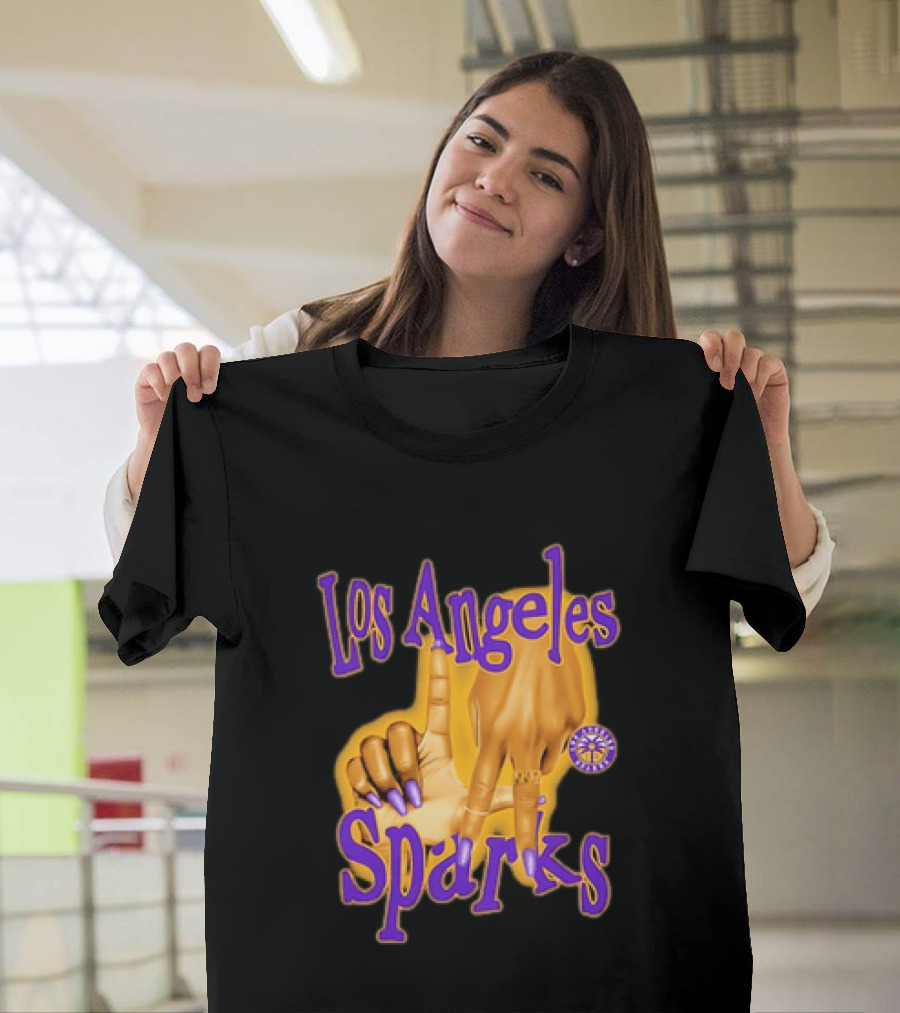 Los Angeles Sparks WNBA Finger Gesture Purple Ink Sketch T-Shirt