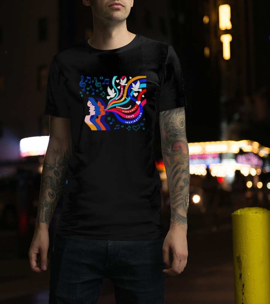 Women's Music Hope Resilience Joy Empowerment Vibrancy Love Inspiration Doves Notes Hearts T-Shirt