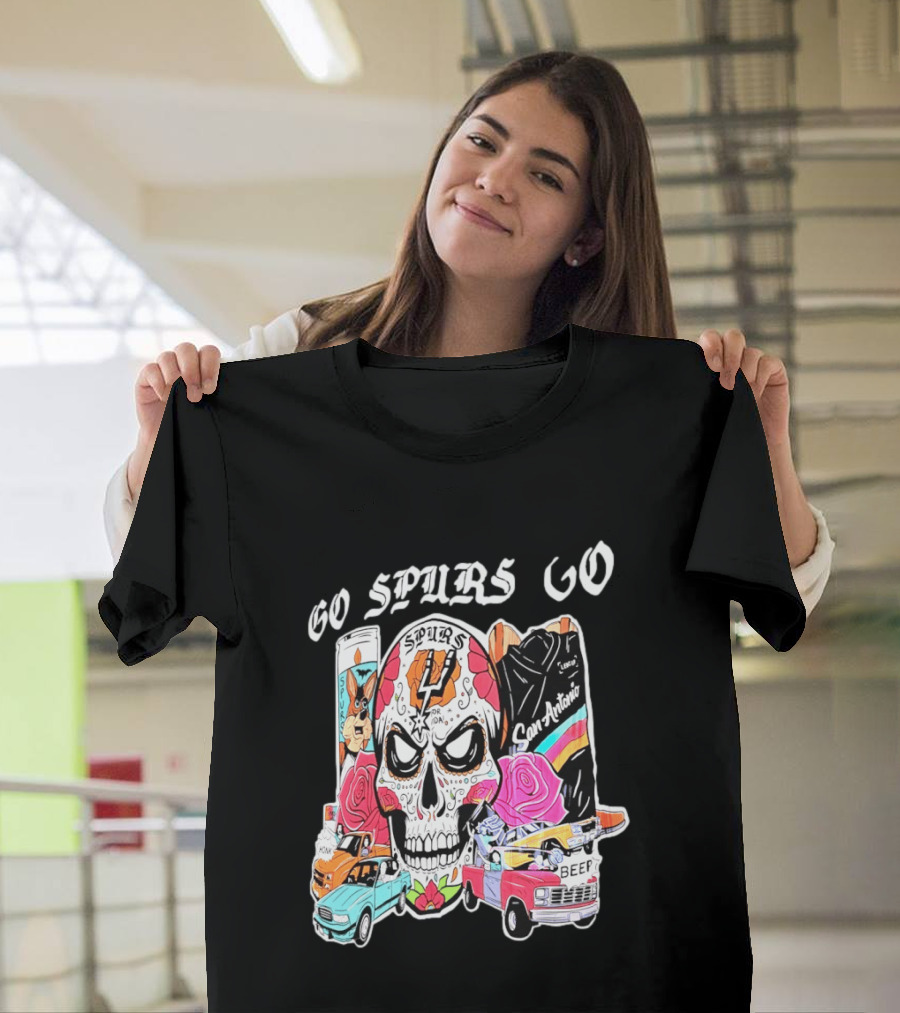 San Antonio Spurs Sugar Skull Go Spurs Go Vintage Cars Roses T-Shirt