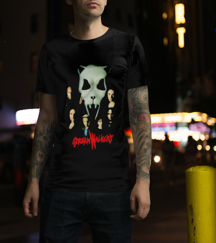 Screamwalkers Movie Cast Ensemble With Giant Mask Horror Faces T-Shirt