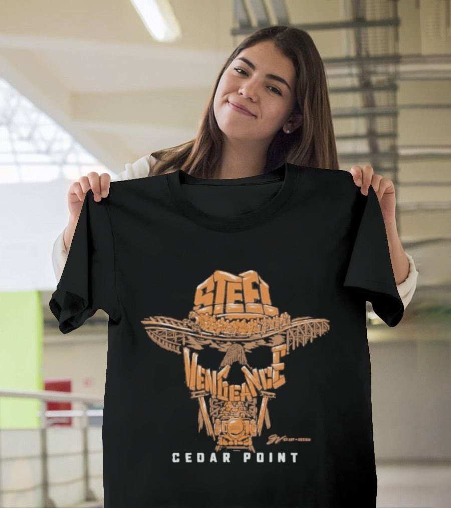 Cedar Point Steel Vengeance Orange Skull Logo & GV Wordscape T-Shirt