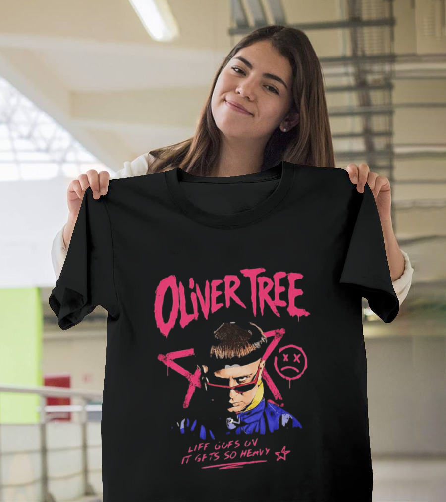 Oliver Tree Life Goes On It Gets So Heavy X Symbol Pink Text Sad Face T-Shirt
