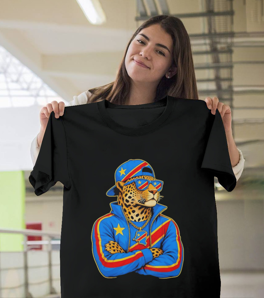 DR Congo Flag Colors Leopard In Hip Hop Style Outfit T-Shirt