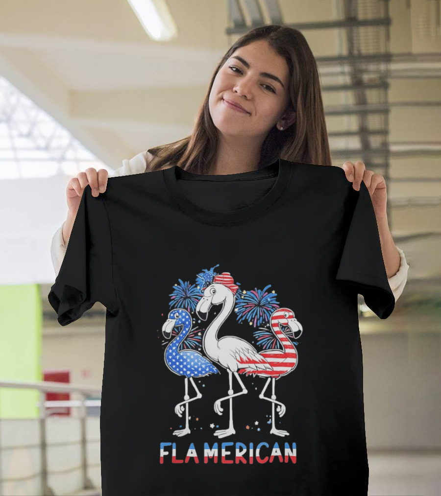 Flamerican Flamingo Fireworks Patriotic Fourth Of July T-Shirt