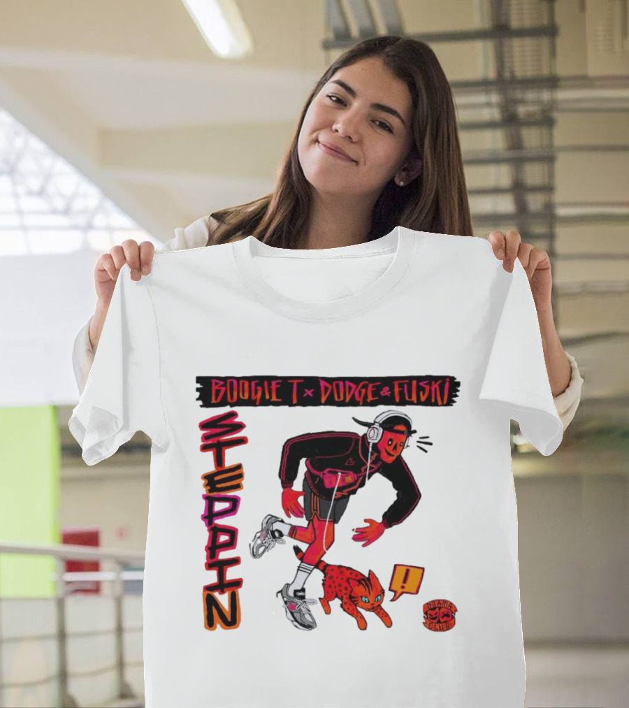 Boogie X Dodge And Fuski Steppin Drama Club Cat With Headphones And Sneakers T-Shirt