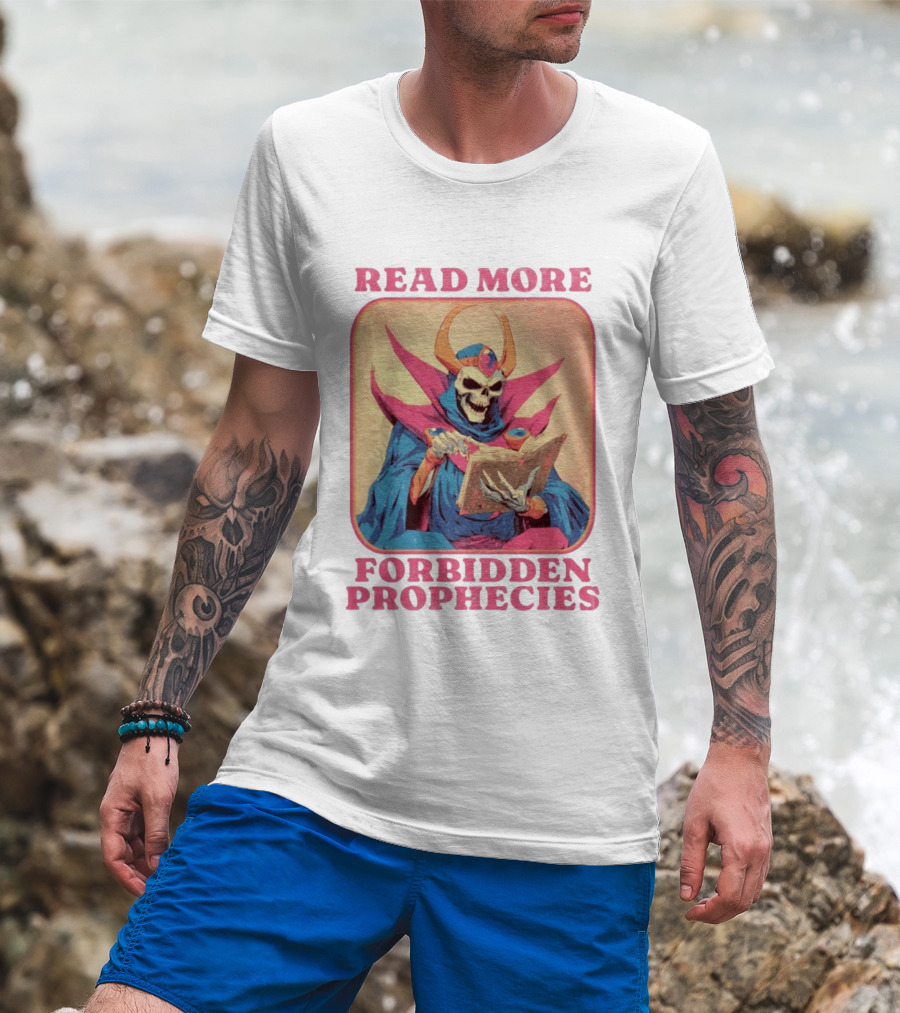 Read More Forbidden Prophecies Skeleton Cloaked Figure Holding Book T-Shirt