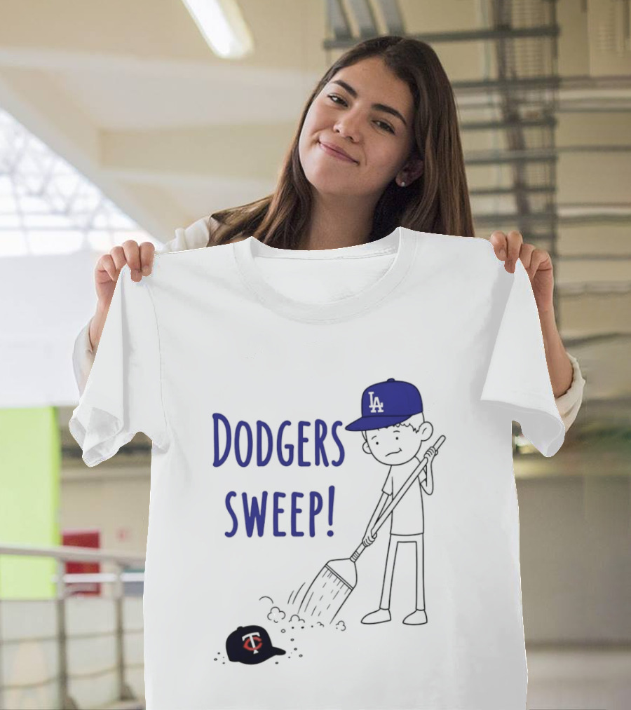 Dodgers Sweep Cartoon Figure In LA Cap Broom Action T-Shirt