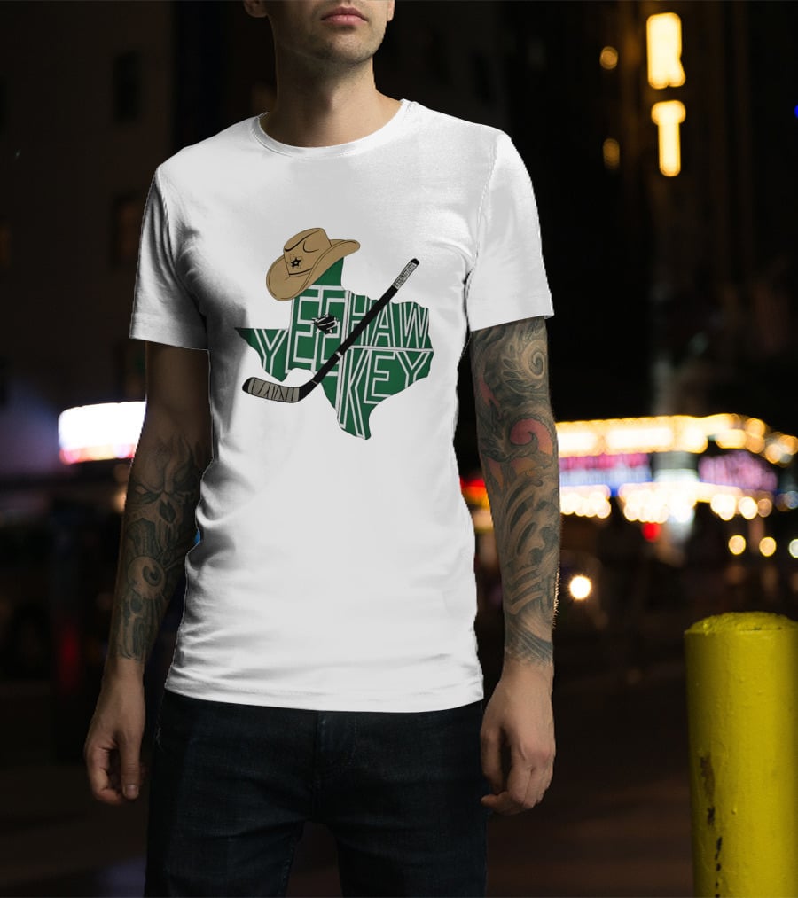 Yeehaw Key Texas Hockey Dallas Stars NHL Cowboy Hat Hockey Stick Map T-Shirt