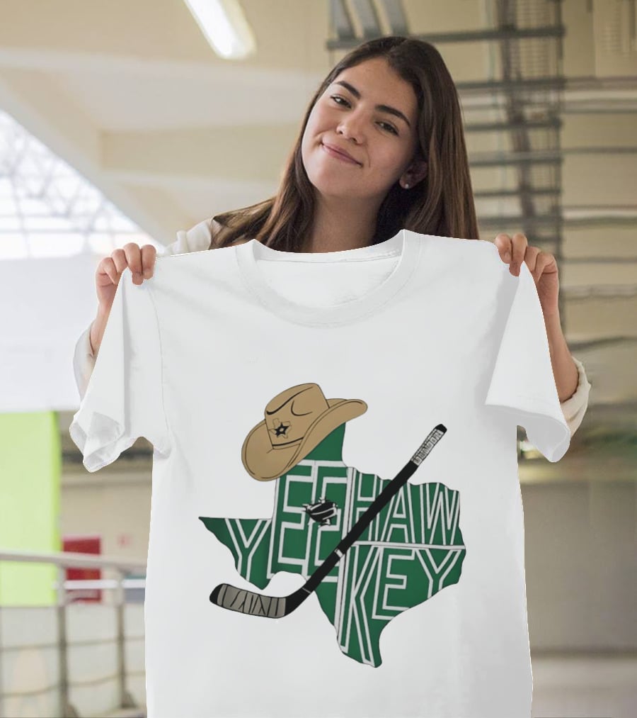 Yeehaw Key Texas Hockey Dallas Stars NHL Cowboy Hat Hockey Stick Map T-Shirt