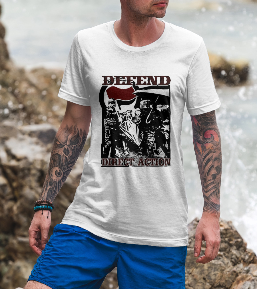 Defend Direct Action Antifa Protest Imagery With Red Flag Iconography T-Shirt