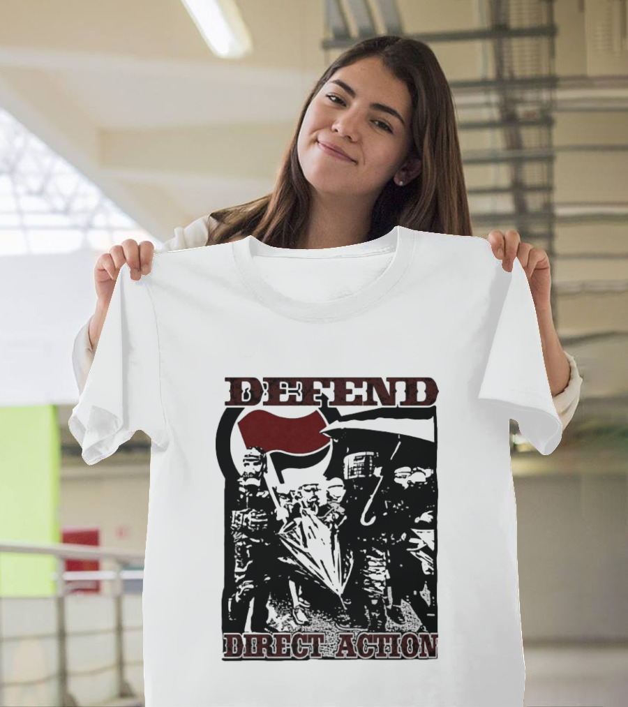 Defend Direct Action Antifa Protest Imagery With Red Flag Iconography T-Shirt