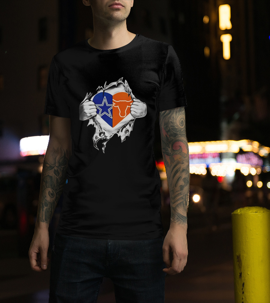 Dallas Cowboys And Texas Longhorns Heart Symbol Tearing T-Shirt