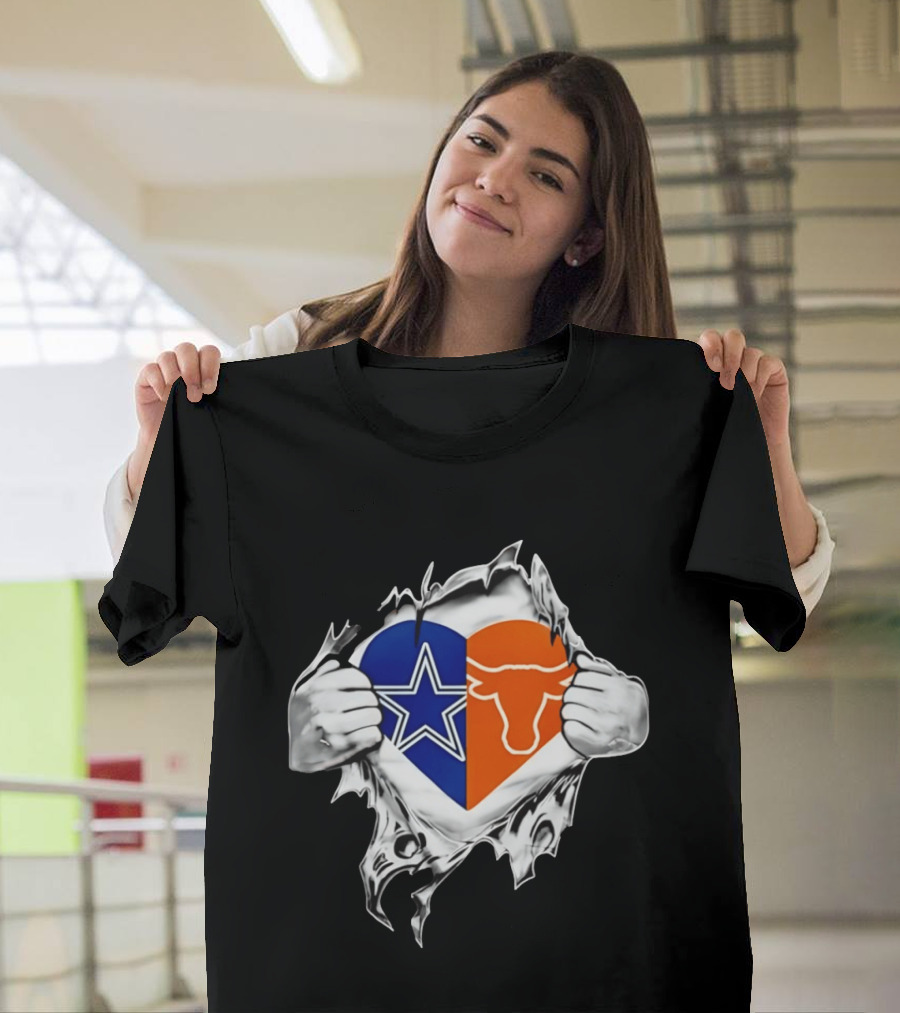 Dallas Cowboys And Texas Longhorns Heart Symbol Tearing T-Shirt