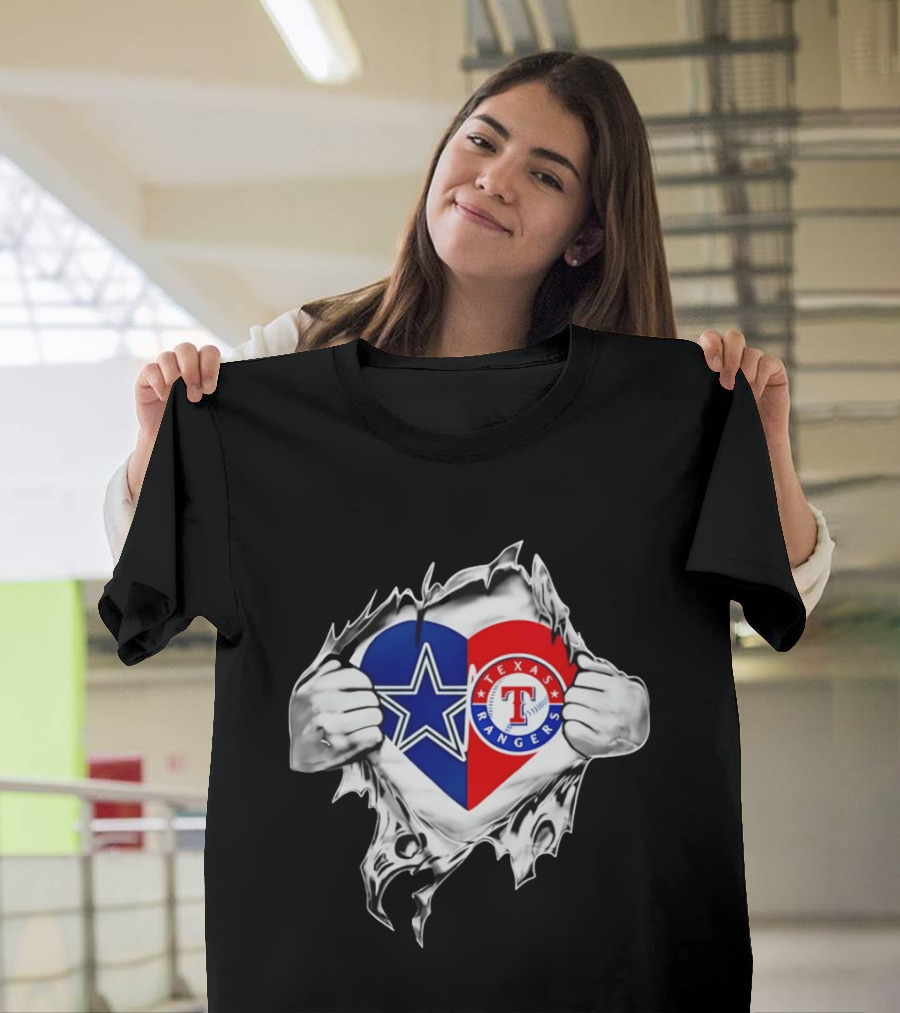 Dallas Cowboys Texas Rangers Heart Torn Open Sports T-Shirt