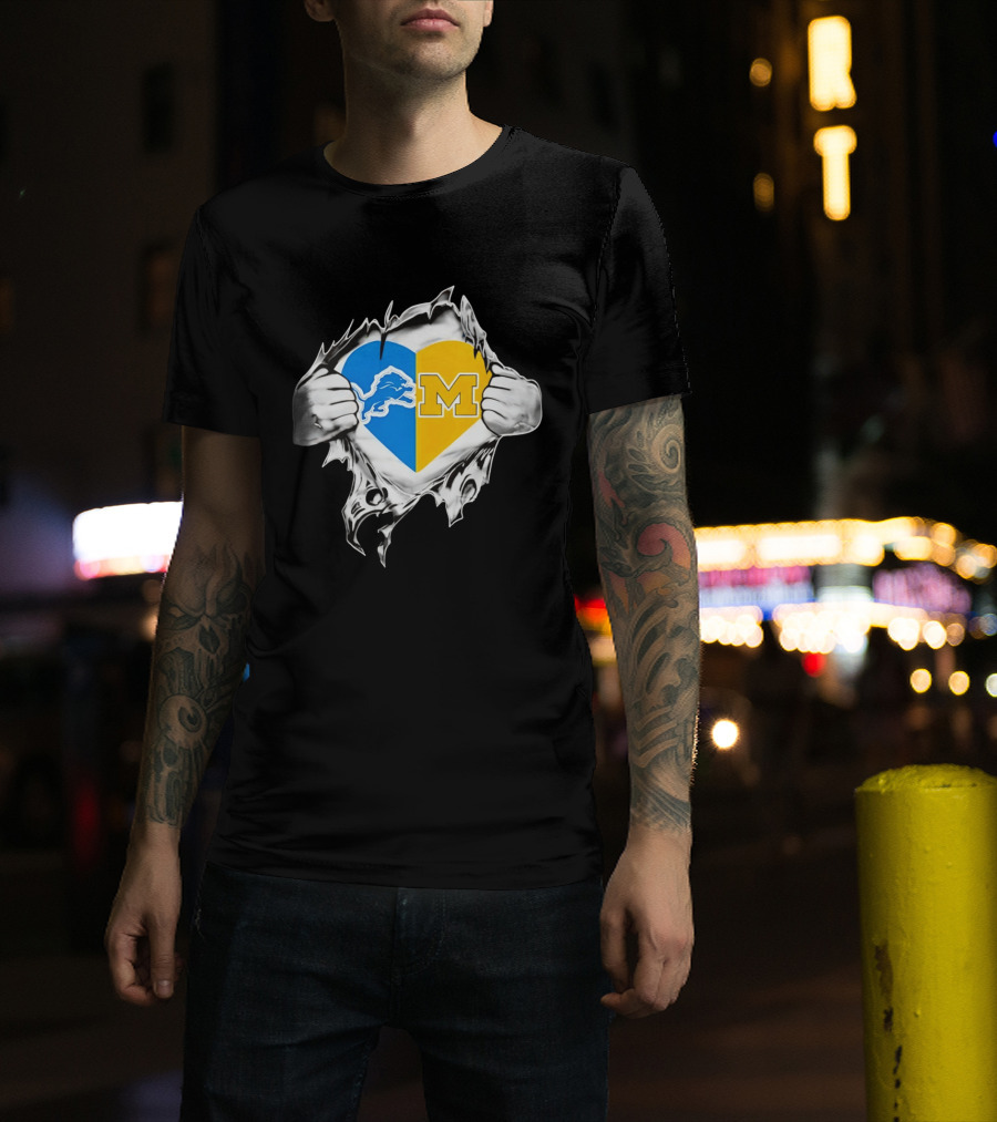 Detroit Lions Michigan Wolverines Heart Torn Reveal T-Shirt