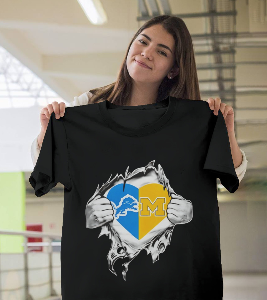 Detroit Lions Michigan Wolverines Heart Torn Reveal T-Shirt