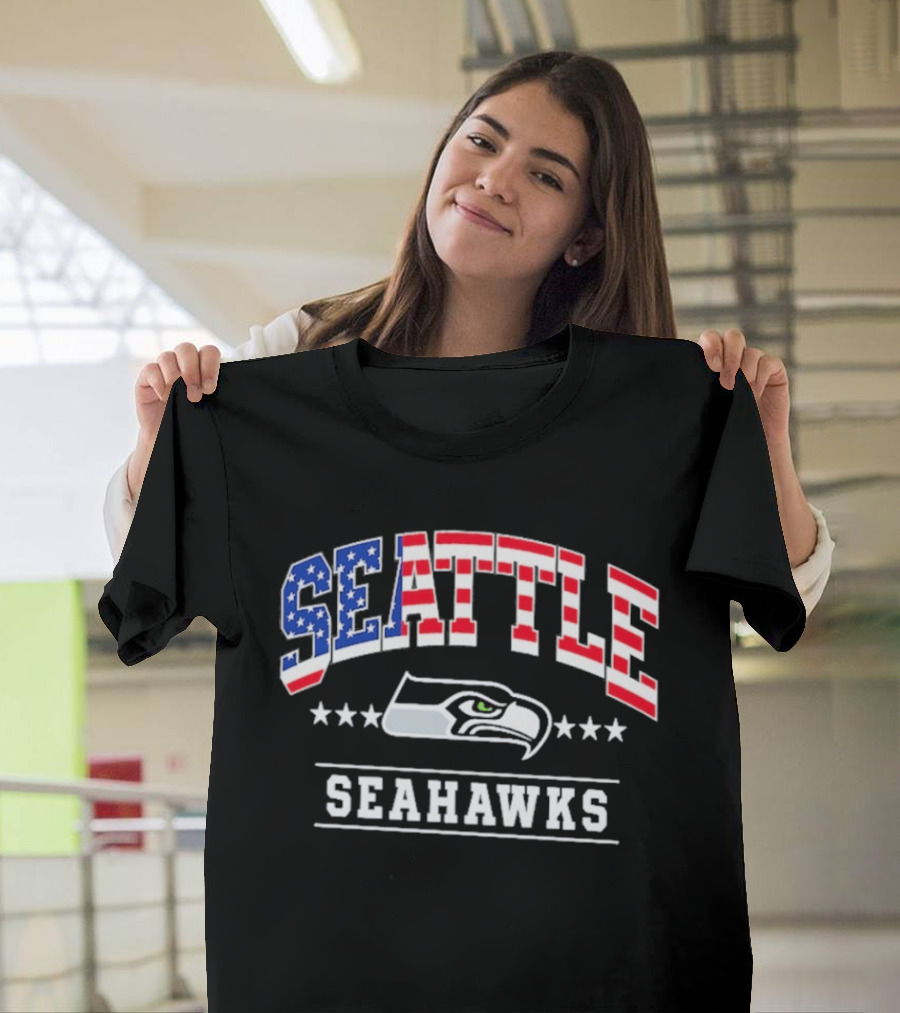 Seattle Seahawks Navy Americana Arch 250th Anniversary Stars And Stripes Football Fan T-Shirt
